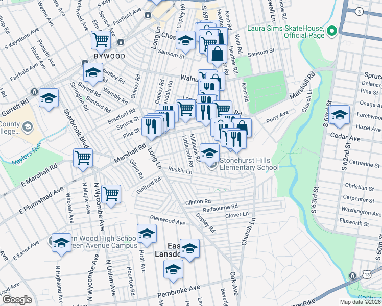map of restaurants, bars, coffee shops, grocery stores, and more near 443 Millbank Road in Delaware County