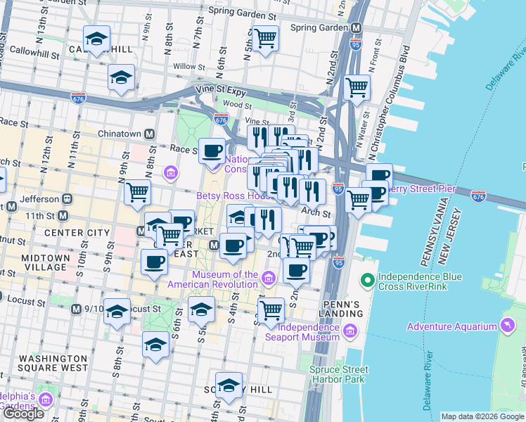 map of restaurants, bars, coffee shops, grocery stores, and more near 225 Arch Street in Philadelphia