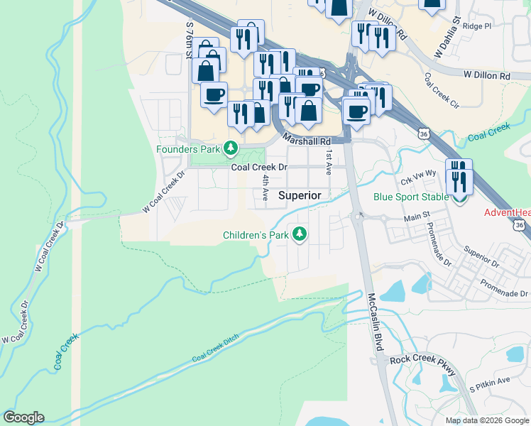 map of restaurants, bars, coffee shops, grocery stores, and more near 405 West Charles Street in Superior