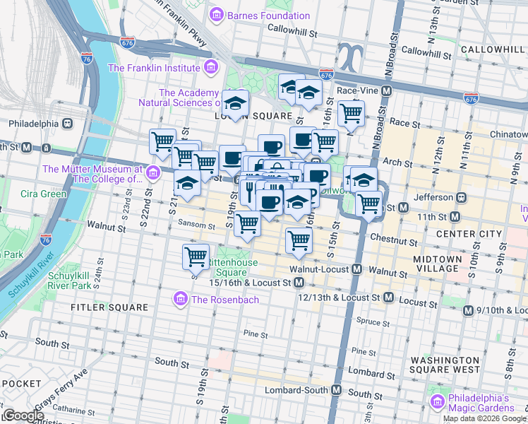 map of restaurants, bars, coffee shops, grocery stores, and more near 1709-17 Chestnut Street in Philadelphia