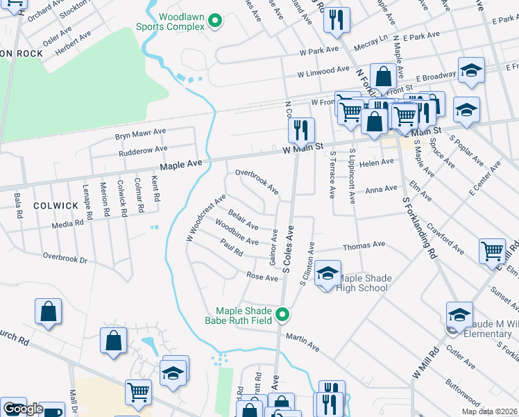 map of restaurants, bars, coffee shops, grocery stores, and more near 18 Wyndale Avenue in Maple Shade