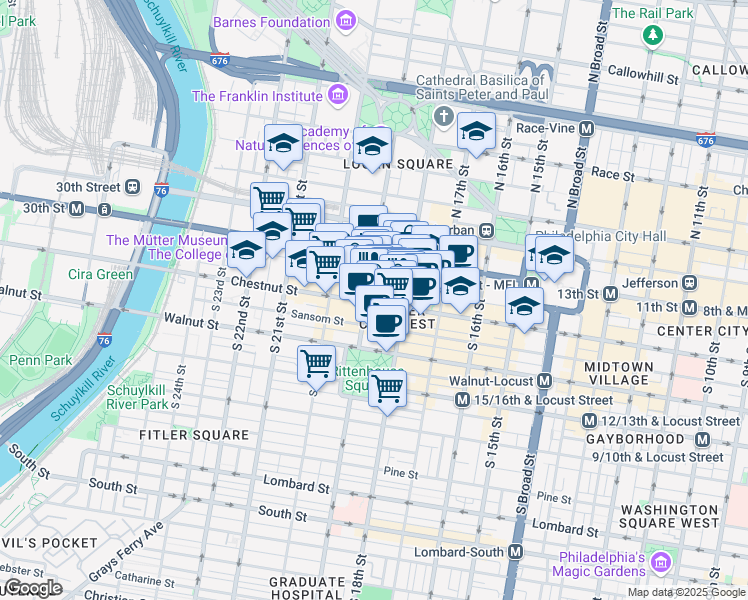 map of restaurants, bars, coffee shops, grocery stores, and more near 1831 Chestnut Street in Philadelphia