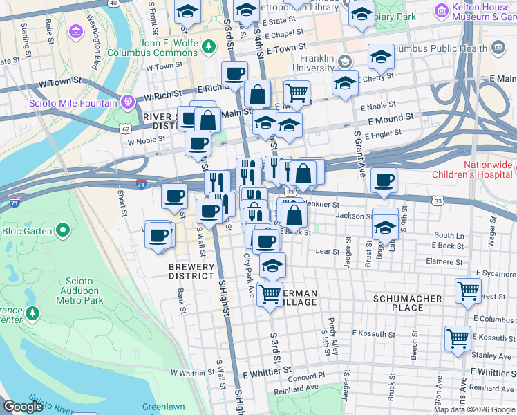 map of restaurants, bars, coffee shops, grocery stores, and more near 514 South 3rd Street in Columbus