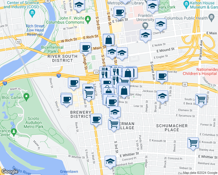 map of restaurants, bars, coffee shops, grocery stores, and more near 101 1/2 East Blenkner Street in Columbus