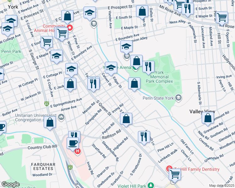 map of restaurants, bars, coffee shops, grocery stores, and more near 328 Springdale Road in York