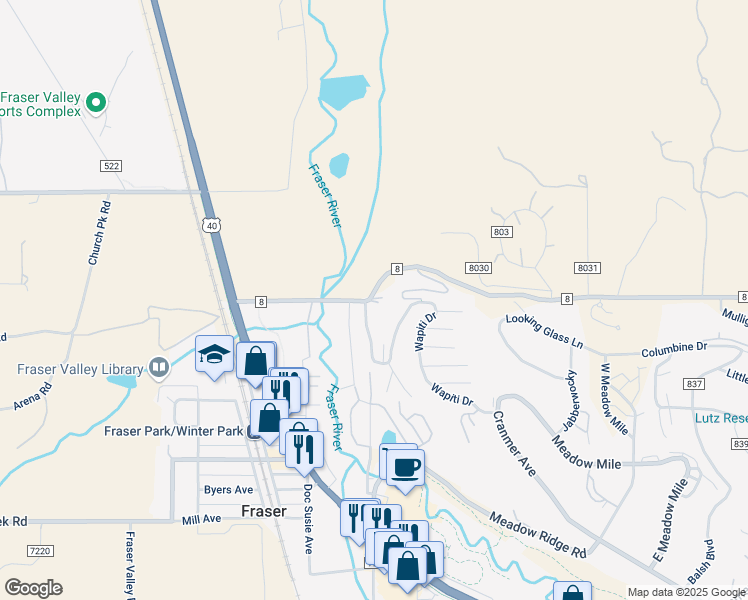 map of restaurants, bars, coffee shops, grocery stores, and more near Fox Run Lane in Fraser