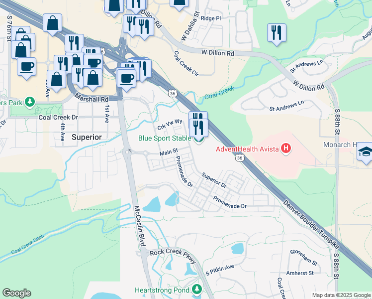 map of restaurants, bars, coffee shops, grocery stores, and more near 2345 Main Street in Superior