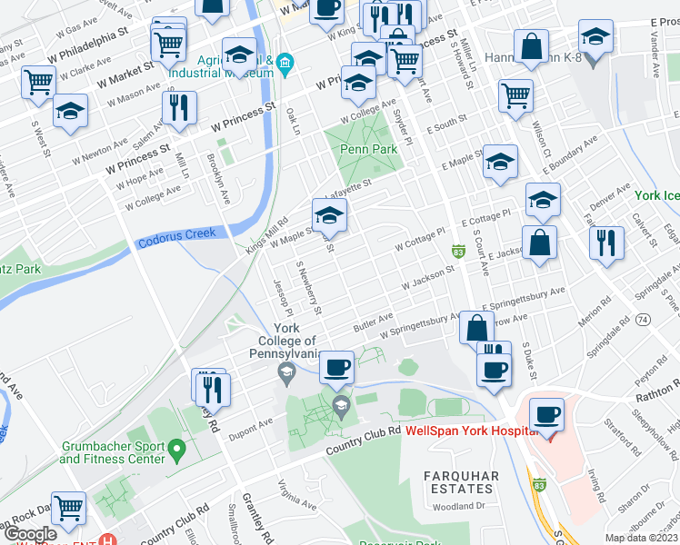 map of restaurants, bars, coffee shops, grocery stores, and more near 250 West Cottage Place in York