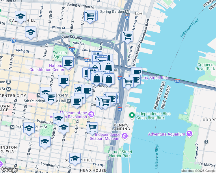 map of restaurants, bars, coffee shops, grocery stores, and more near North 2nd Street & Arch Street in Philadelphia