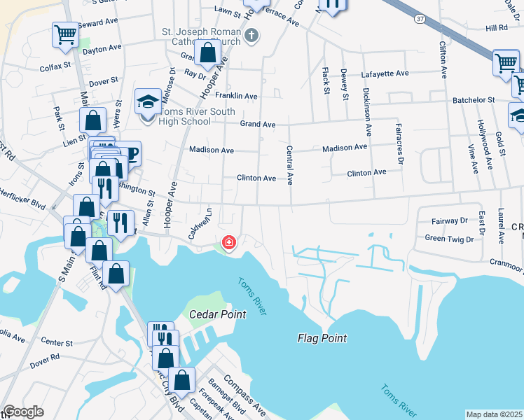 map of restaurants, bars, coffee shops, grocery stores, and more near 1 Maiden Lane in Toms River