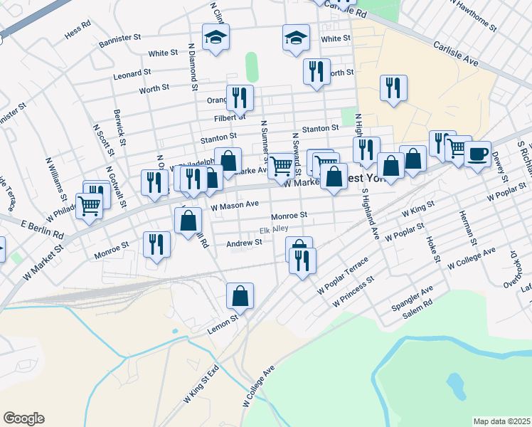 map of restaurants, bars, coffee shops, grocery stores, and more near 1707 Monroe Street in West York