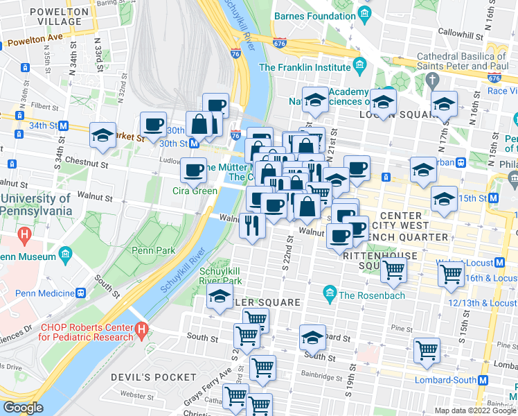 map of restaurants, bars, coffee shops, grocery stores, and more near 4640 Sansom Street in Philadelphia