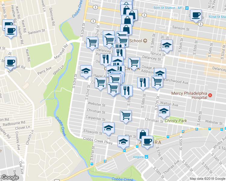 map of restaurants, bars, coffee shops, grocery stores, and more near 6013 Walton Avenue in Philadelphia