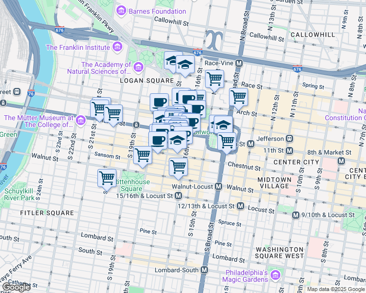 map of restaurants, bars, coffee shops, grocery stores, and more near 27 South 17th Street in Philadelphia