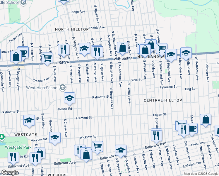map of restaurants, bars, coffee shops, grocery stores, and more near 151 South Burgess Avenue in Columbus