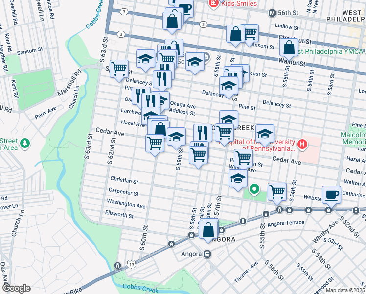 map of restaurants, bars, coffee shops, grocery stores, and more near 5862 Cedar Avenue in Philadelphia