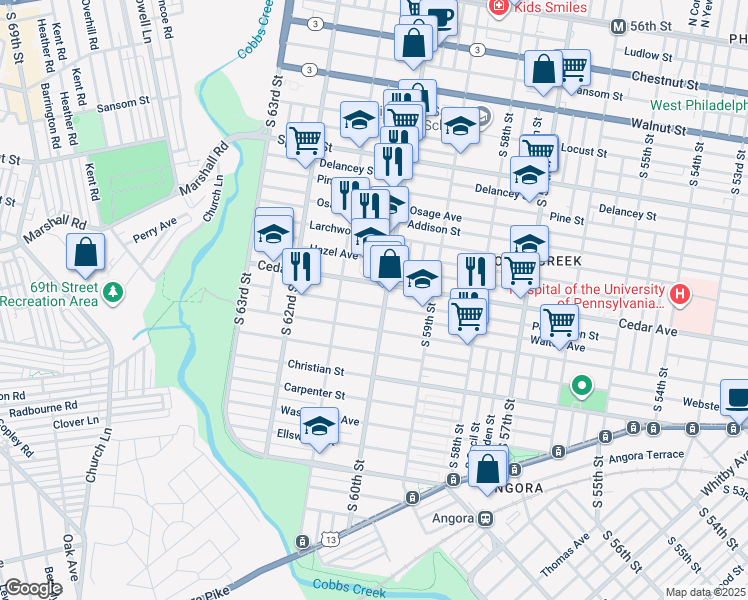 map of restaurants, bars, coffee shops, grocery stores, and more near 6013 Walton Avenue in Philadelphia