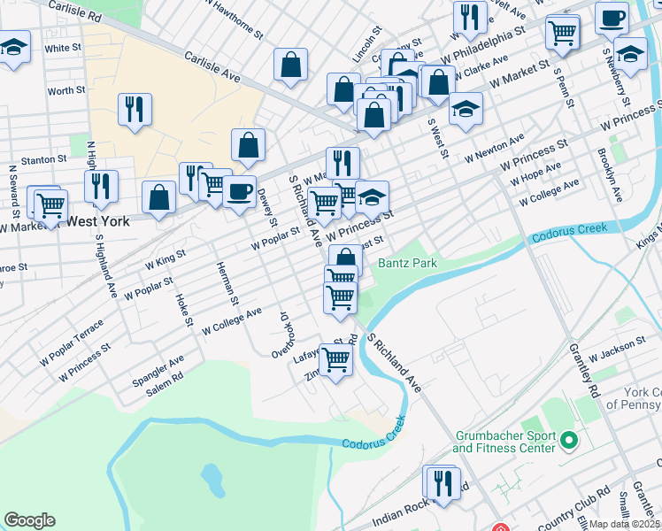 map of restaurants, bars, coffee shops, grocery stores, and more near 954 West Locust Street in York