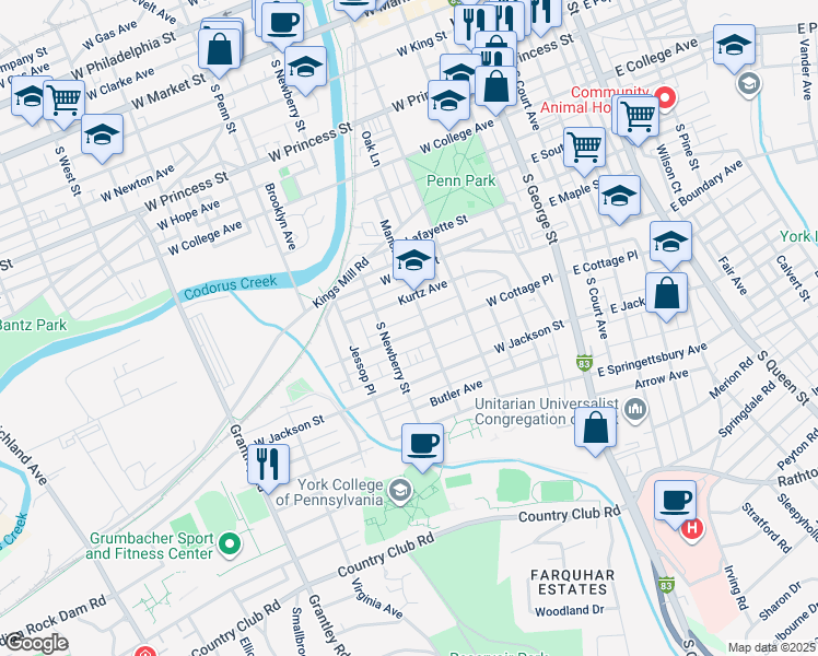 map of restaurants, bars, coffee shops, grocery stores, and more near 269 West Cottage Place in York