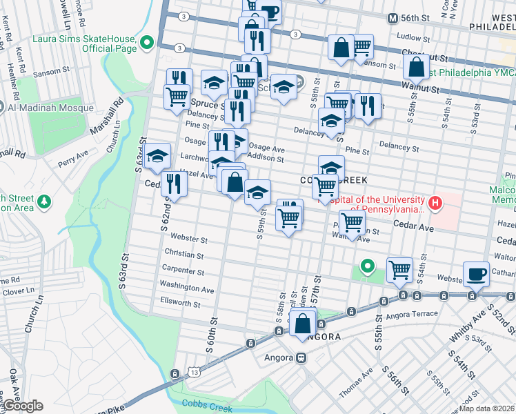 map of restaurants, bars, coffee shops, grocery stores, and more near 5919 Cedar Avenue in Philadelphia
