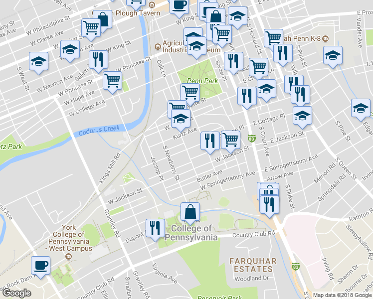 map of restaurants, bars, coffee shops, grocery stores, and more near 251 West Cottage Place in York