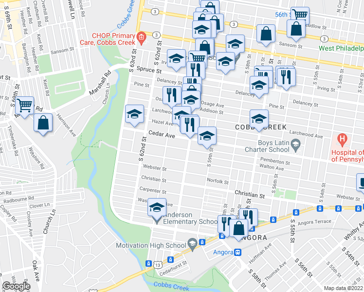 map of restaurants, bars, coffee shops, grocery stores, and more near 6017 Walton Avenue in Philadelphia