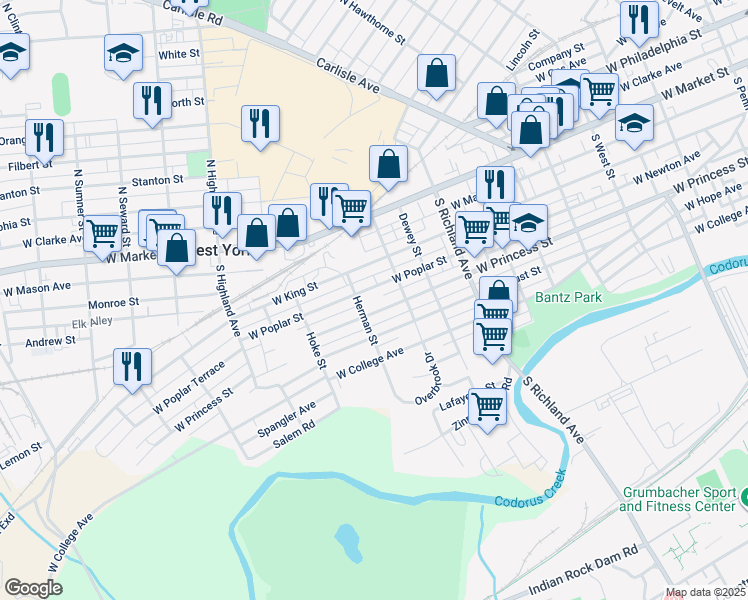 map of restaurants, bars, coffee shops, grocery stores, and more near 1239 West Princess Street in West York