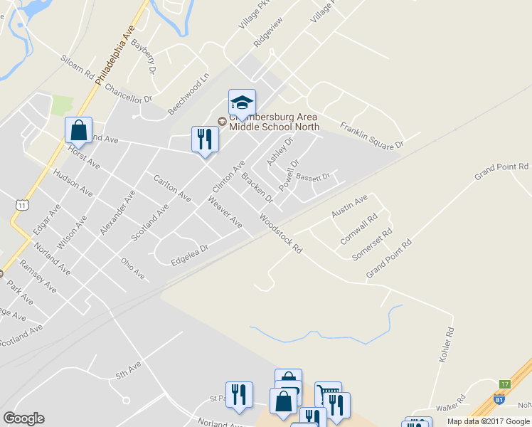 map of restaurants, bars, coffee shops, grocery stores, and more near 1900 Powell Drive in Chambersburg