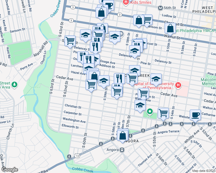 map of restaurants, bars, coffee shops, grocery stores, and more near 5862 Cedar Avenue in Philadelphia