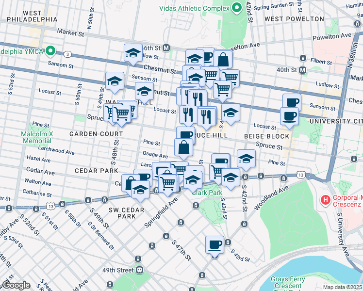 map of restaurants, bars, coffee shops, grocery stores, and more near 4513 Pine Street in Philadelphia