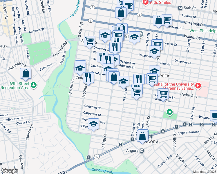 map of restaurants, bars, coffee shops, grocery stores, and more near 6017 Walton Avenue in Philadelphia