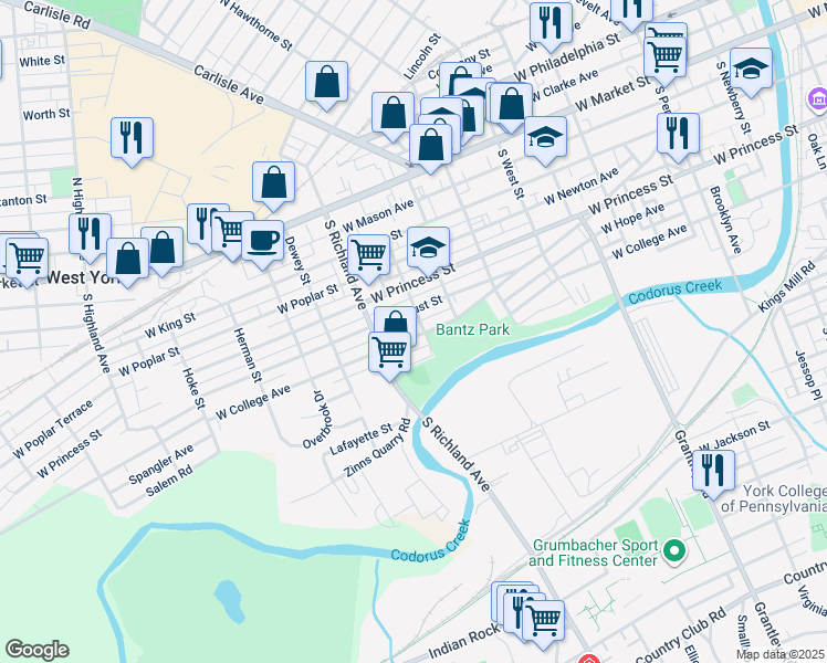 map of restaurants, bars, coffee shops, grocery stores, and more near 913 West College Avenue in York