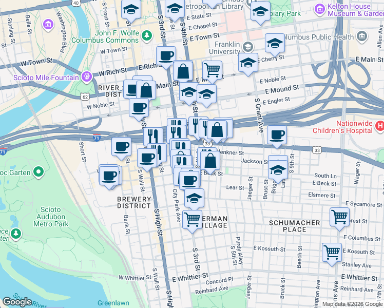 map of restaurants, bars, coffee shops, grocery stores, and more near 133 East Livingston Avenue in Columbus
