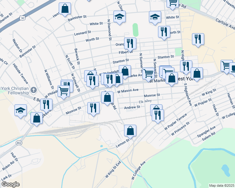 map of restaurants, bars, coffee shops, grocery stores, and more near 1880 West Market Street in York