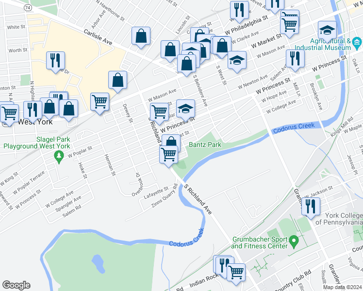 map of restaurants, bars, coffee shops, grocery stores, and more near 902 West College Avenue in York