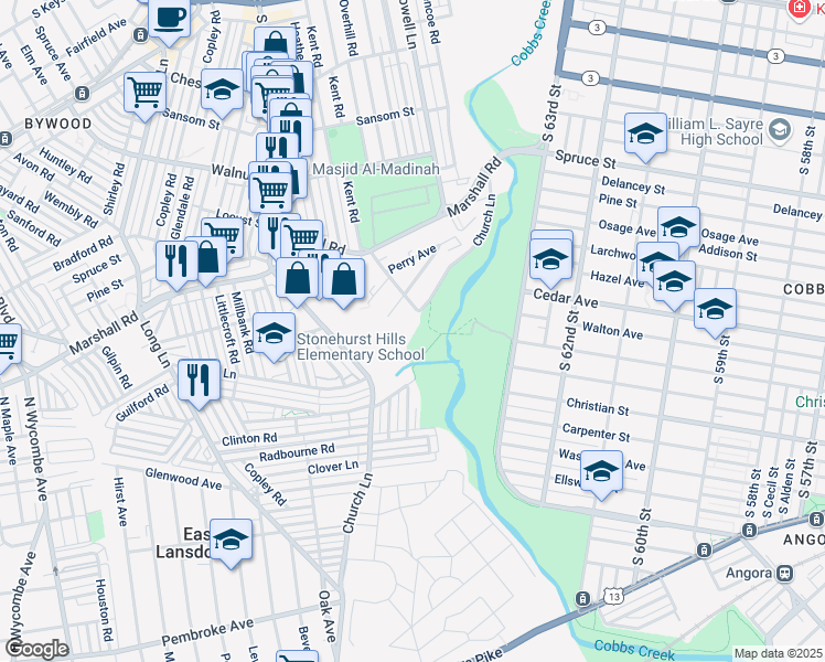 map of restaurants, bars, coffee shops, grocery stores, and more near 385 Harrison Avenue in Upper Darby