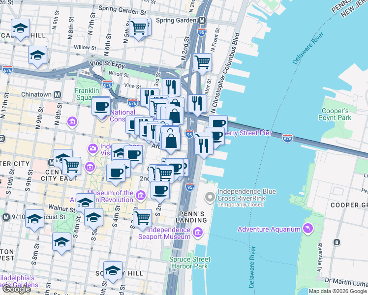 map of restaurants, bars, coffee shops, grocery stores, and more near 107 Arch Street in Philadelphia