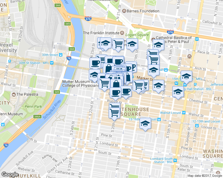 map of restaurants, bars, coffee shops, grocery stores, and more near 2026 Chestnut Street in Philadelphia