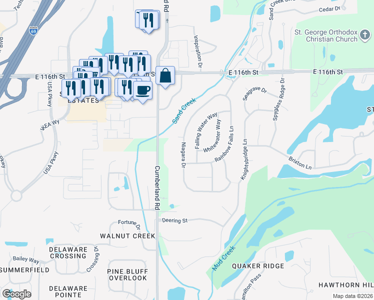 map of restaurants, bars, coffee shops, grocery stores, and more near 11290 Falling Water Way in Fishers