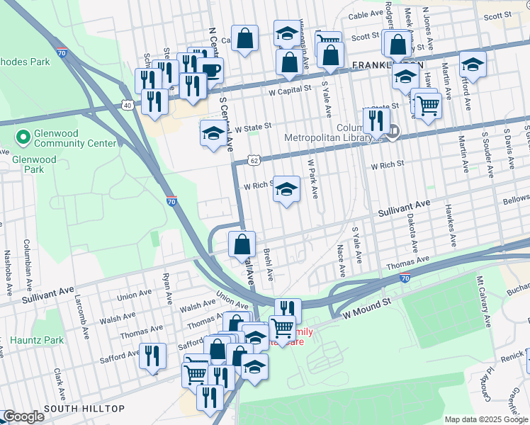 map of restaurants, bars, coffee shops, grocery stores, and more near 290 Brehl Avenue in Columbus