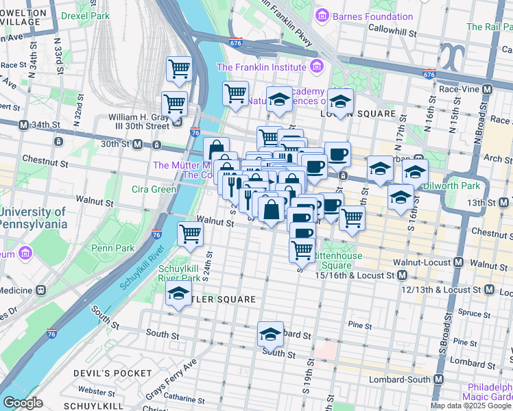 map of restaurants, bars, coffee shops, grocery stores, and more near 113 South 22nd Street in Philadelphia