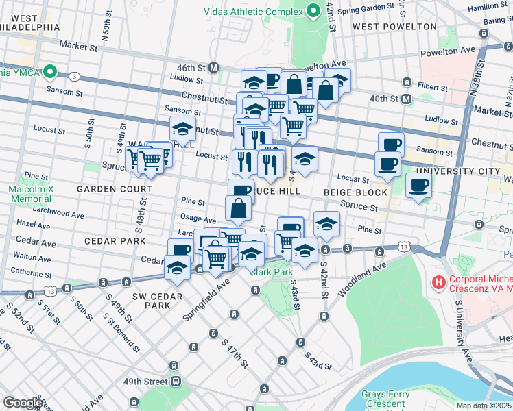 map of restaurants, bars, coffee shops, grocery stores, and more near 4411 Pine Street in Philadelphia