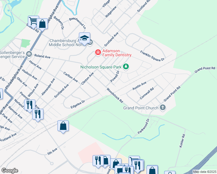 map of restaurants, bars, coffee shops, grocery stores, and more near 1900 Powell Drive in Chambersburg
