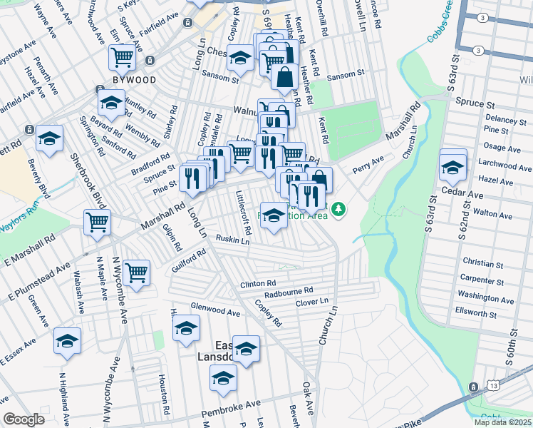 map of restaurants, bars, coffee shops, grocery stores, and more near 517 Woodcliffe Road in Upper Darby