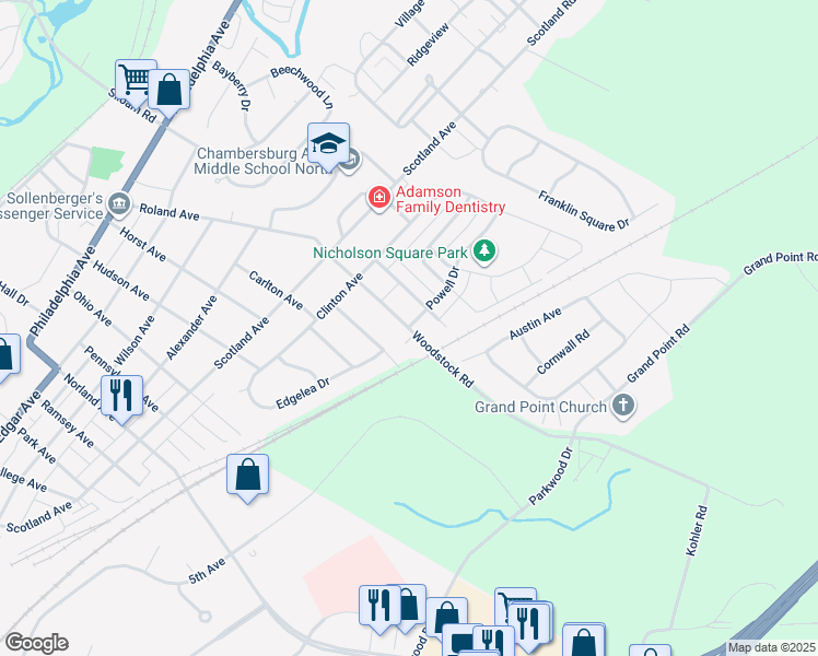 map of restaurants, bars, coffee shops, grocery stores, and more near 580 Woodstock Road in Chambersburg