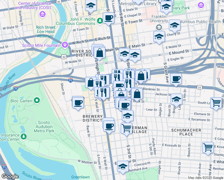 map of restaurants, bars, coffee shops, grocery stores, and more near 486 City Park Avenue in Columbus