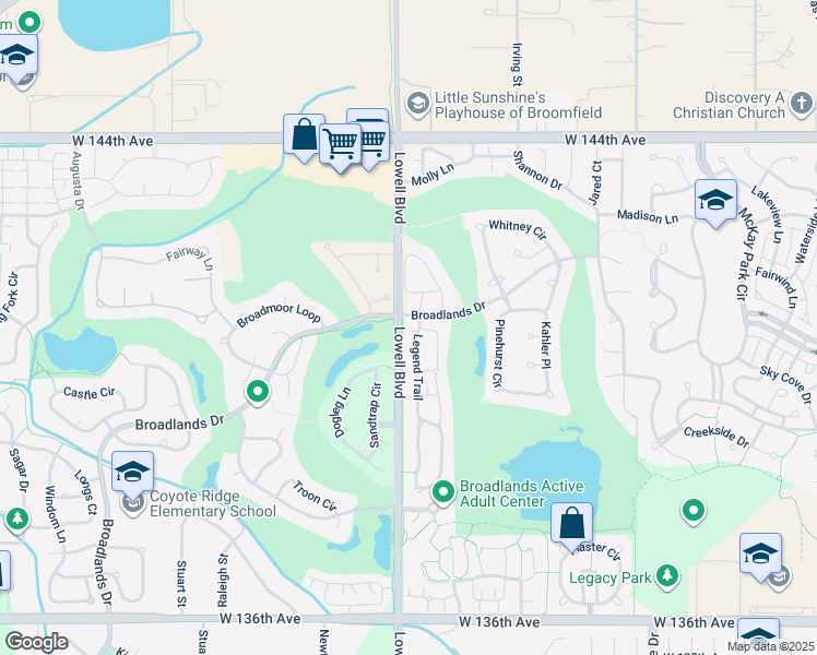 map of restaurants, bars, coffee shops, grocery stores, and more near 14131 Lowell Boulevard in Broomfield