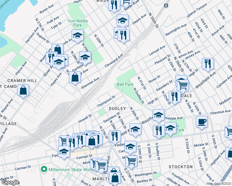 map of restaurants, bars, coffee shops, grocery stores, and more near 2937 Thompson Street in Camden