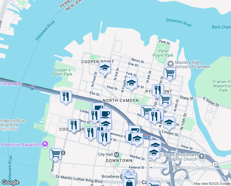 map of restaurants, bars, coffee shops, grocery stores, and more near 303 Vine Street in Camden
