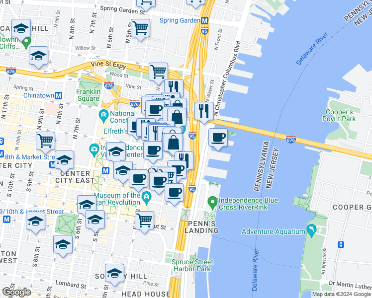 map of restaurants, bars, coffee shops, grocery stores, and more near in Philadelphia